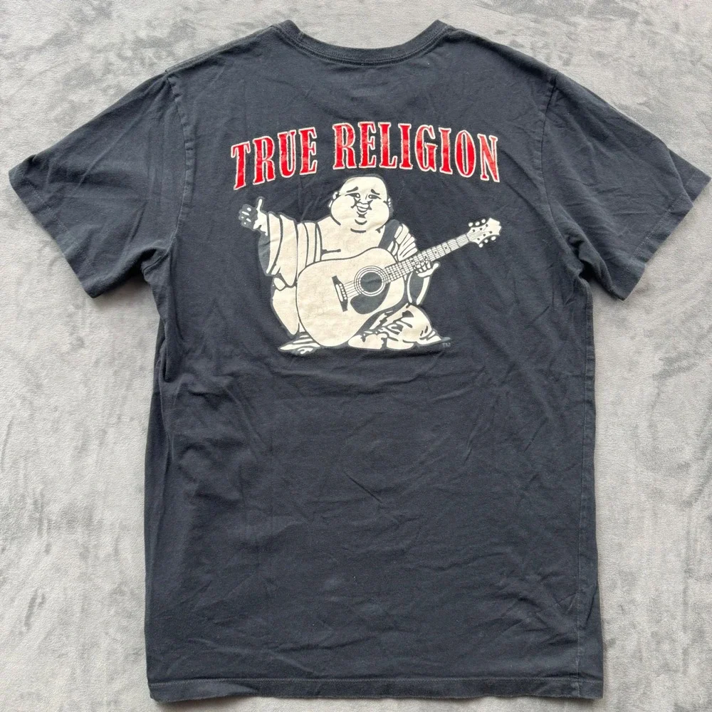 True Religion Mens Black Buddha Guitar Graphic T-Shirt Horseshoe Logo Medium